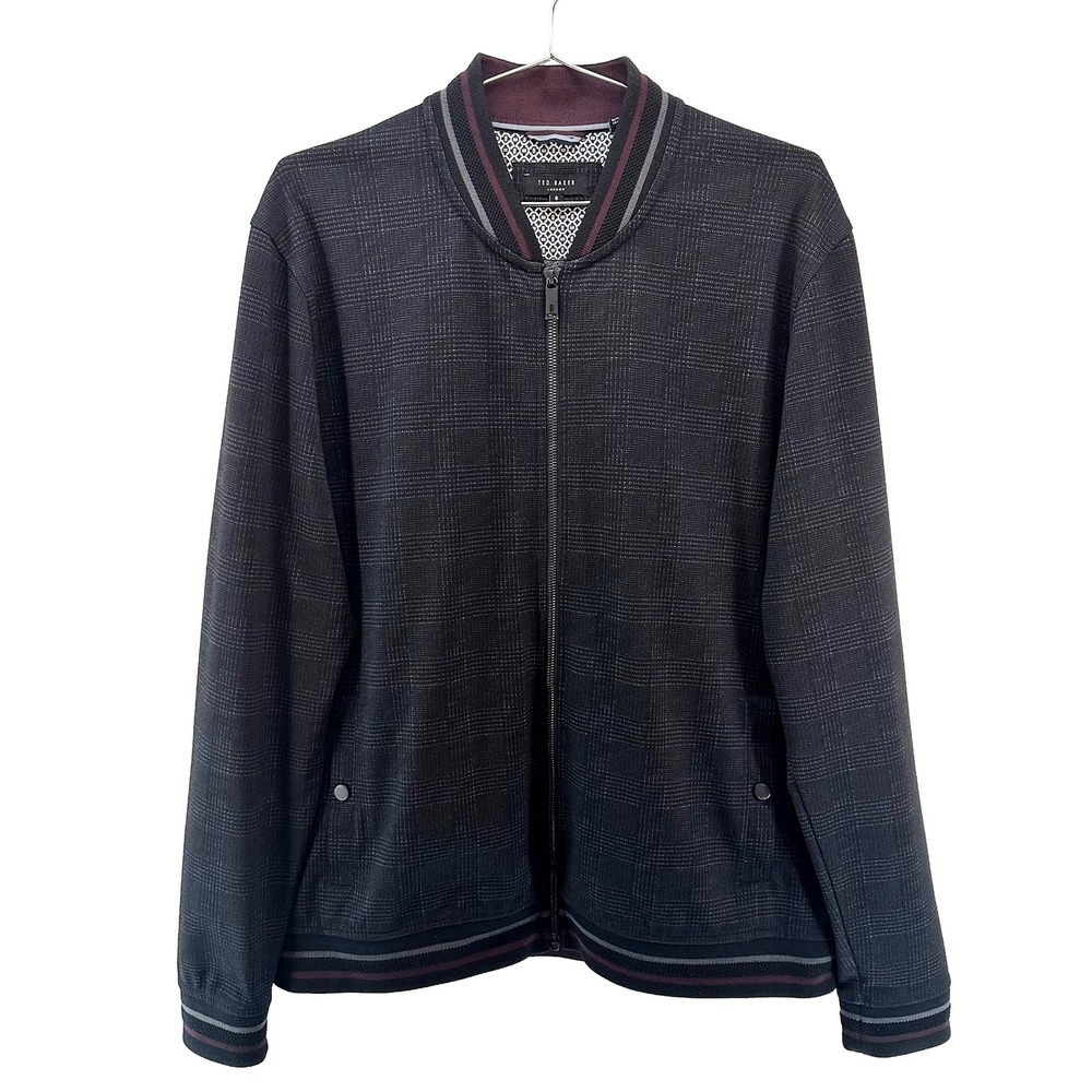 TED BAKER Men's Tootie Slim Check Bomber Jacket • XXL • black, gray, maroon